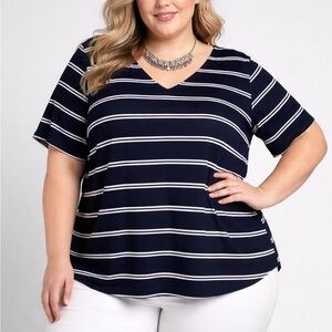 George Blue Striped Short Sleeve Blouse XL